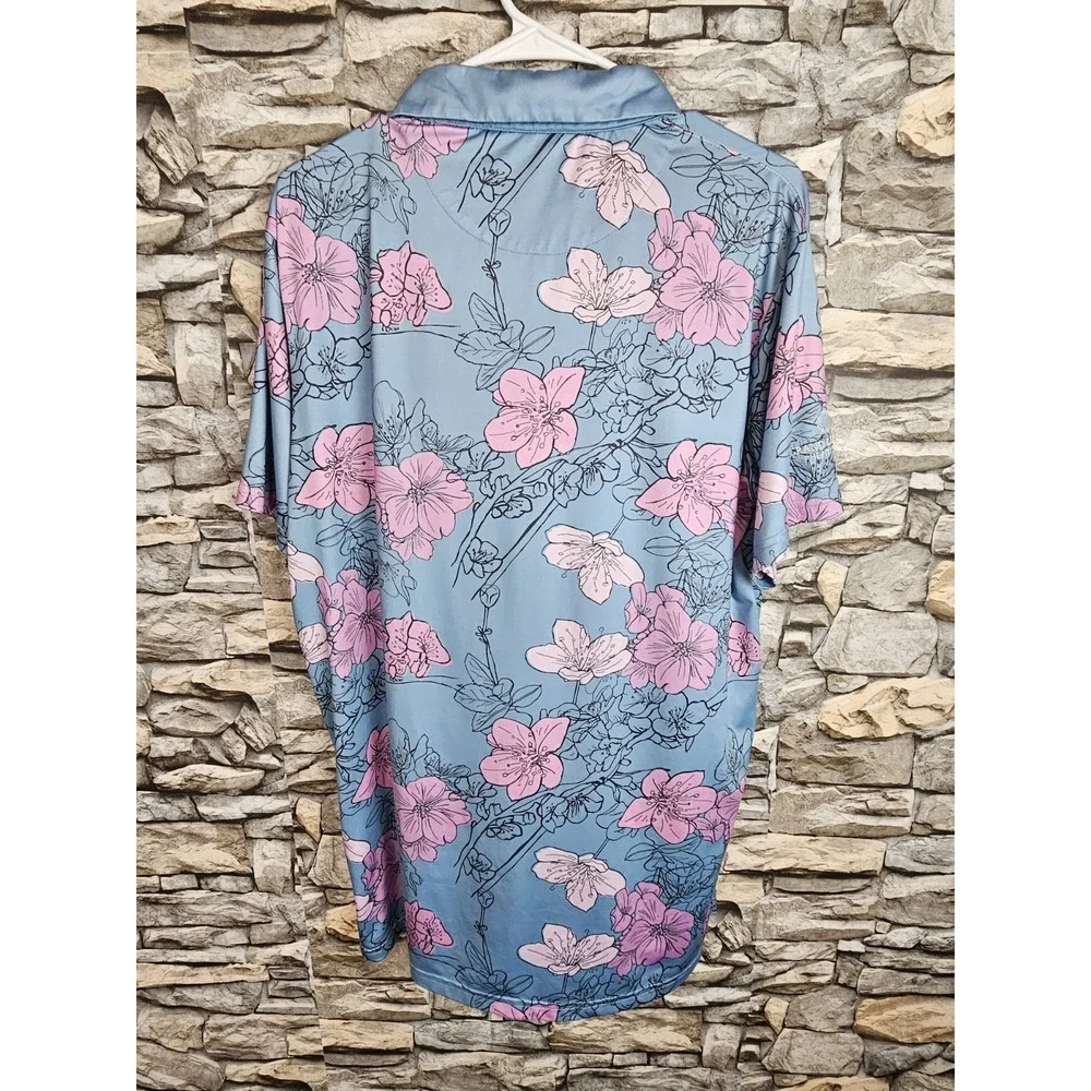 Pins & Aces Men's Short Sleeve Floral AOP Golf Polo Shirt Blue Large